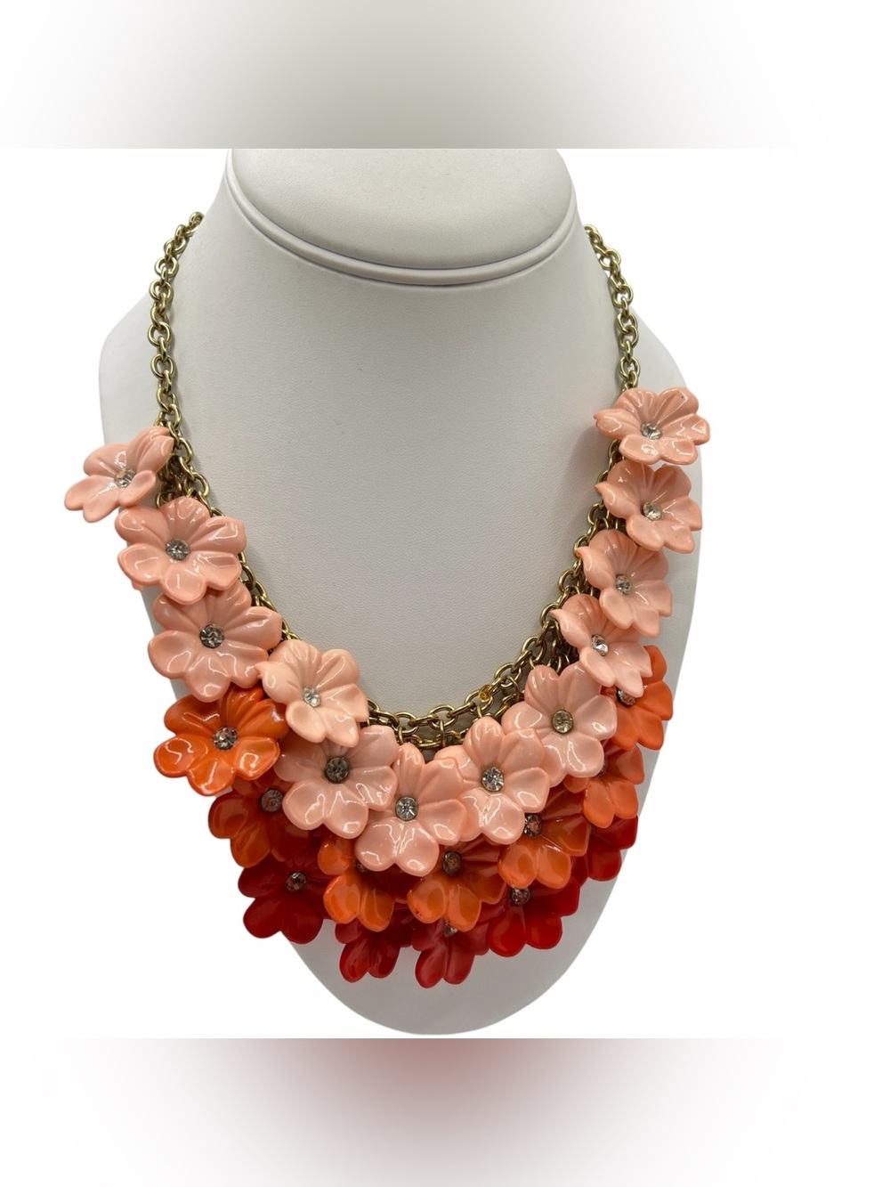 Chunky Floral Statement Necklace Coral Pink Orange Ombre Resin Flower Bib